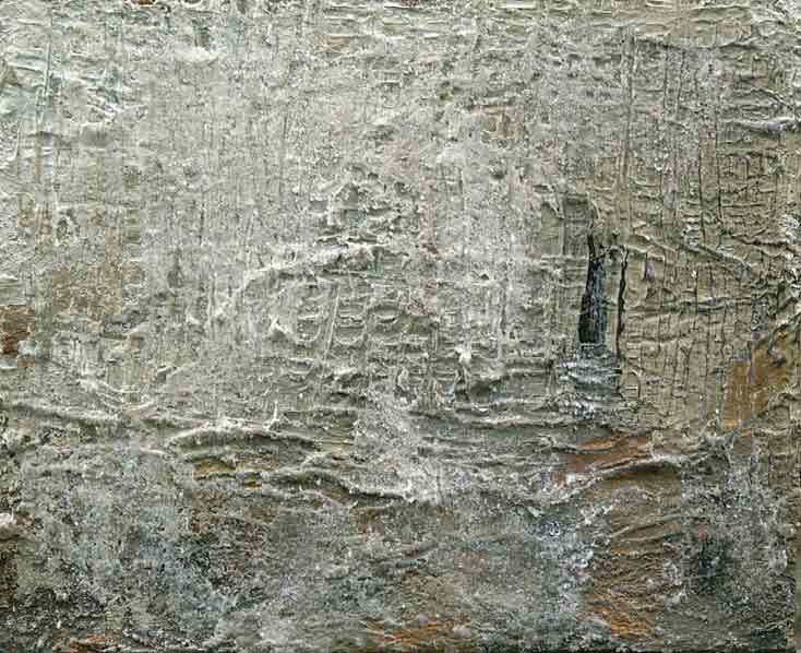 Salinen, Acryl, Perlmut, Struktur-, Relief-, Modellierpaste, Rost, Salz, Onyxpigment und Sand auf Leinwand, 35x29x5