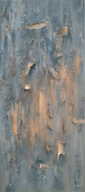 "Magnetische Anziehungskraft des Verfalls I",  Acryl-Perlmutt, Reliefpaste und Sand auf doppelt bespannter Leinwand,  83x190x5